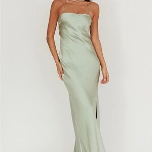 Elegant Sage Green Satin Backless Dress